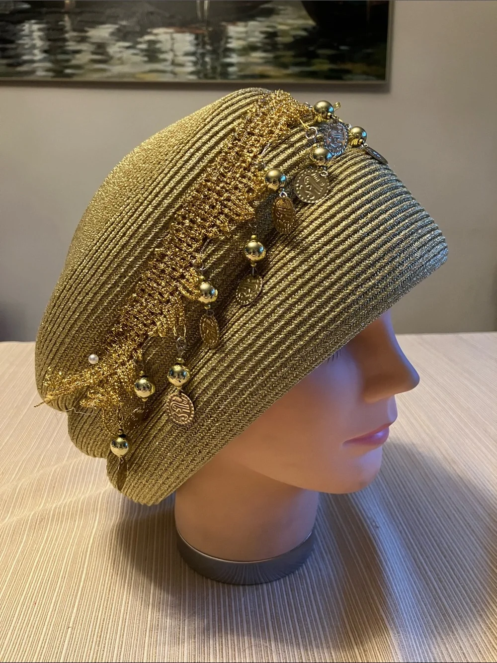 Chic Metallic Gold Decorative Women's Hat with Gold Coin Fringe Trim